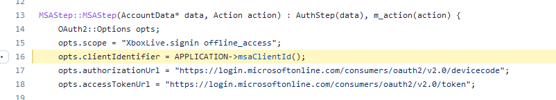 A screenshot of the source code. It shows an OAuth2::Options struct's clientIdentifier field being assigned by the result of a call to APPLICATION -> msaClientId