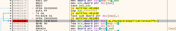 A screenshot of x32dbg's disassembler. There is a mov instruction that references some symbol QCoreApplication.self