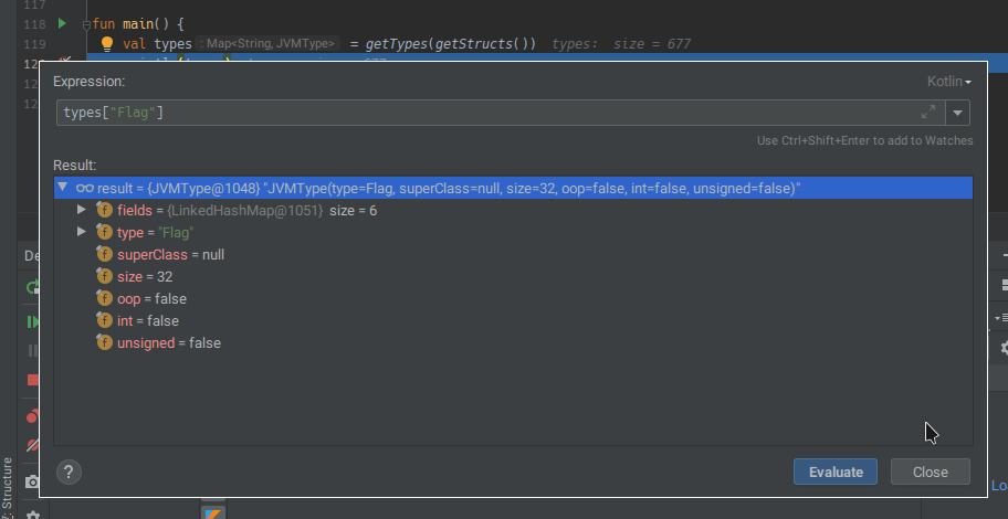 A screenshot of IntelliJ IDEA's debugger, showing information about the Flag type
